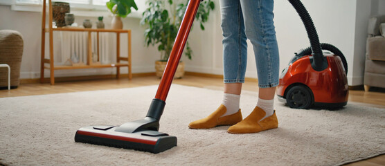 Home Cleaning: A woman tidies her home, using vacuum cleaner to suck dust and debris and maintains a clean interior, ensuring a tidy and well-kept living space.