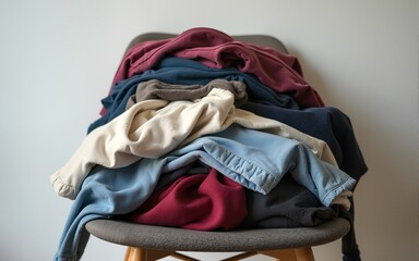Messy pile of dirty clothes on a chair, ready for laundry, donation, and recycling Minimalism concept in wardrobe cleaning, heap, minimalism. High quality