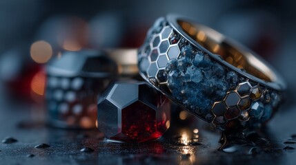 Elegant rings and gemstones arranged on a dark surface with droplets of water