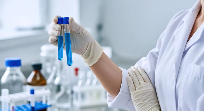 Scientist Hand in Gloves Holding Two Test Tubes with Blue Liquid in Laboratory for Research