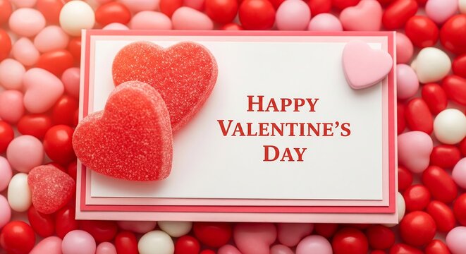 Happy valentine's day card, sugary hearts, and colorful candies.