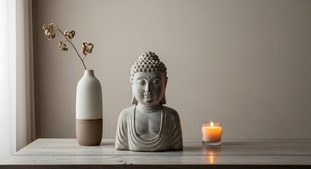 A serene composition featuring a stone Buddha statue with a vase and candle. Soft light creates a peaceful atmosphere