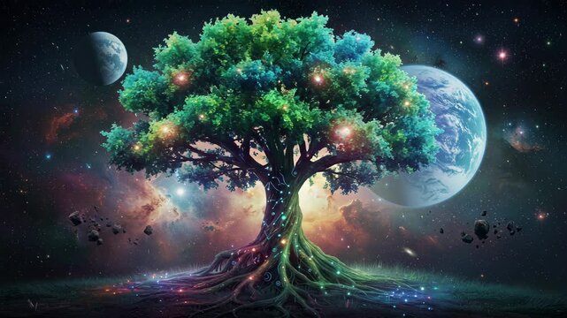 Lush Tree of Life Against Nebulae and Planets in Dark Sky with Sparkling Lights and Root System Connecting Terrestrial Realm to the Cosmos and Celestial