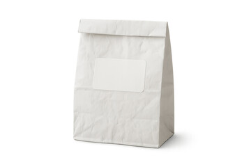 White crumpled paper bag with blank label, packaging mockup, takeaway food, delivery service, isolated with transparent background