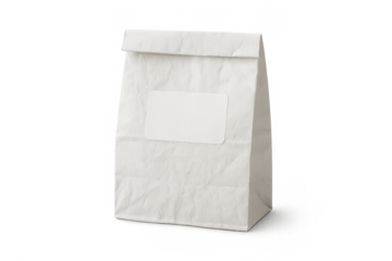 White crumpled paper bag with blank label, packaging mockup, takeaway food, delivery service, isolated with transparent background