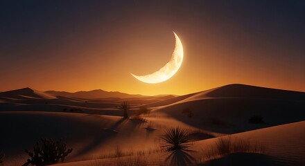 A serene desert landscape at dusk. The crescent moon shines brightly above rolling sand dunes with sparse vegetation. The sky glows with warm tones