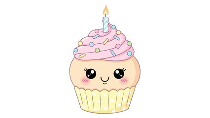 Cute cupcake with pink frosting, sprinkles, candle, and kawaii face.