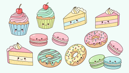 Cute cartoon sweets: cupcakes, cake slices, macarons, and donuts with smiling faces.