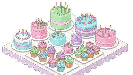 Pastel birthday cakes and cupcakes on a table with a tablecloth.