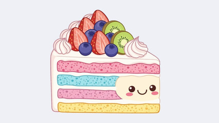A cute slice of cake with layers of different colors and topped with fresh fruit and whipped cream.