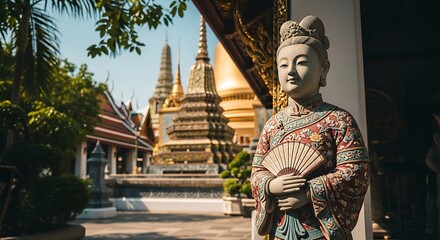 Obraz premium A serene Eastern sculpture stands near a detailed temple complex, bathed in sunlight. Golden spires and lush greenery create a picturesque scene