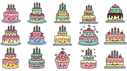 Collection of whimsical cartoon birthday cakes with smiling faces and candles.