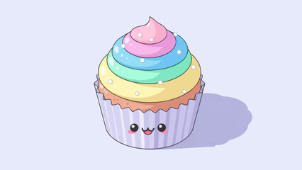 Cute cupcake with rainbow frosting and kawaii face in a white wrapper.