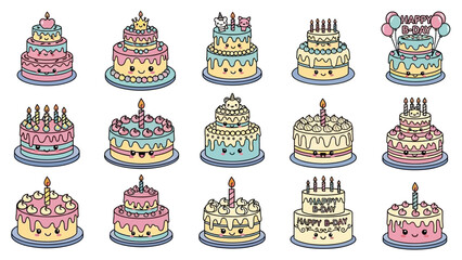 Collection of cartoon birthday cakes with cute faces and candles.