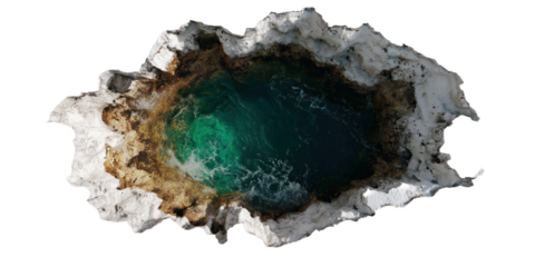Coastal Abyss: A captivating aerial view unveils a naturally carved sinkhole, its cerulean depths surrounded by rugged, textured rock formations. Explore this geographical wonder.