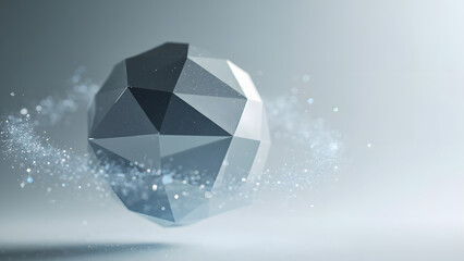 Elegant metallic polygon floating with soft rotation, surrounded by faint digital particles on a smooth neutral background. Clean minimal composition with ample space for text or design.