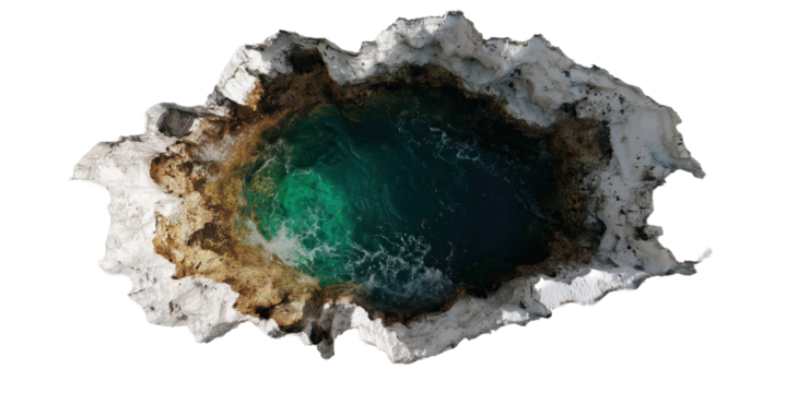 Coastal Abyss: A captivating aerial view unveils a naturally carved sinkhole, its cerulean depths surrounded by rugged, textured rock formations. Explore this geographical wonder.