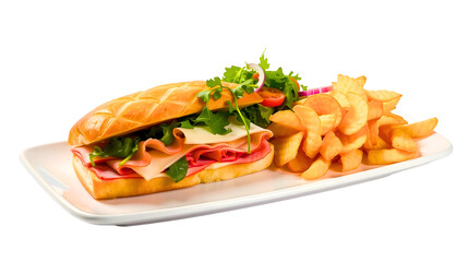delicious beef sub sandwich with chips isolated on white
