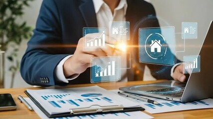 Businessman analyzing real estate market data and property investments using a futuristic virtual interface and digital tools - Powered by Adobe