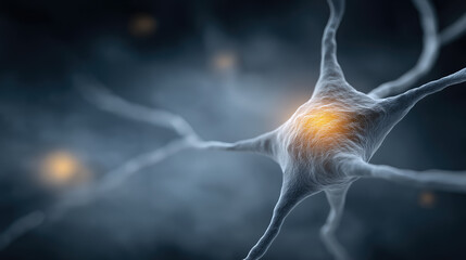 Single neuron with glowing synapse neural network brain science and nervous system research concept