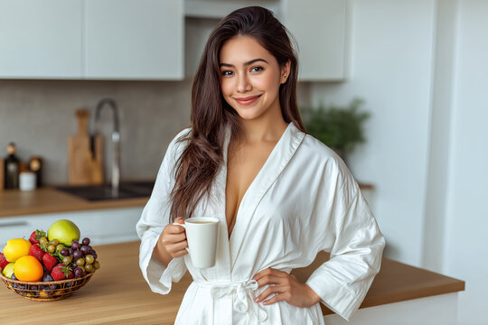 Smiling woman in bathrobe with cup healthy morning routine and wellness lifestyle in modern kitchen - Powered by Adobe