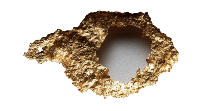 Gold Nugget with a Hole: The exquisite detail of a rugged gold nugget, complete with a natural opening, gleams against a contrasting background, highlighting the allure of precious minerals.