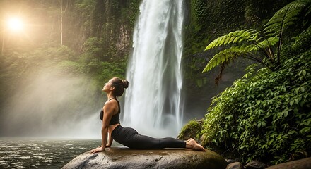 A serene figure performs yoga near a cascading waterfall. Sunlight filters through the jungle canopy onto the verdant foliage