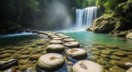 A serene image features a waterfall cascading into a crystal-clear pool, with stepping stones inviting exploration, surrounded by lush greenery