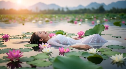 A serene figure, reclining in water amid lotus blossoms, basking in the glow of a setting sun. Mountains form the tranquil backdrop