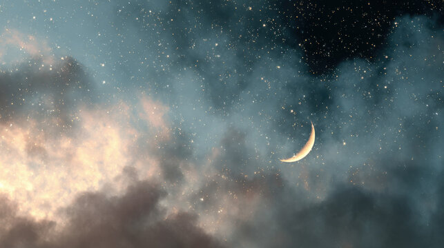A glowing crescent moon floating in a starry night sky