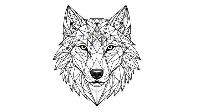 A geometric polygonal wolf head illustration with yellow eyes and a golden symbol on its forehead.