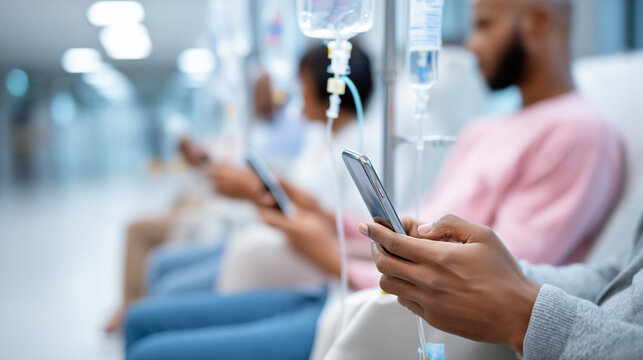 Hospital chemotherapy scene, patients using smartphones, IV medication drip, cancer treatment ward, social media connection, wellness technology integration, faceless patients seat - Powered by Adobe