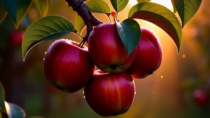 Fresh red apples hanging on a leafy tree branch bathed in golden sunlight with cinematic bokeh, illustrating organic harvest and agriculture concepts - Powered by Adobe