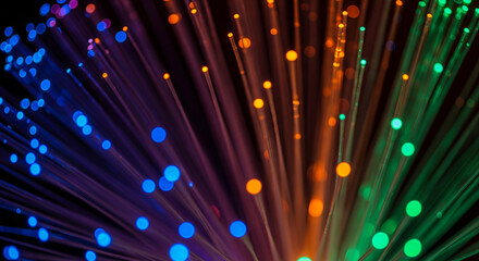 Fiber Optic Cables Illuminated with Blue, Yellow, and Red Lights