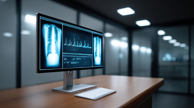 Ai role in medical diagnostics is shown on computer screen displaying chest x ray and heart rate data in clinical setting