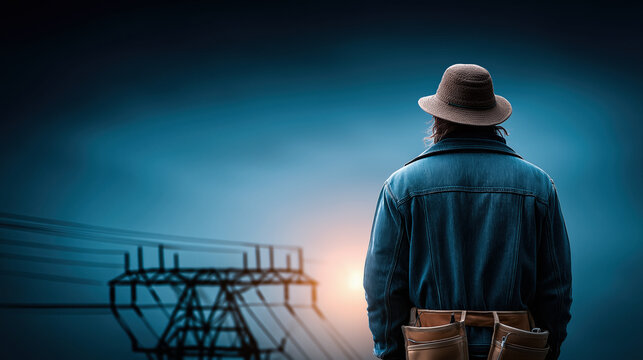 Man in hat watching power lines at sunset energy industry worker and rural infrastructure landscape