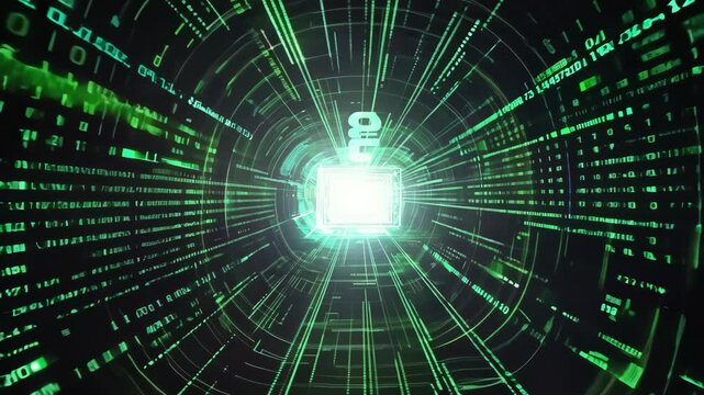 Radiating green neon lights and binary code create a vortex effect in this digital tunnel scene. the central glowing cube suggests high-tech, virtual reality, and cybersecurity themes, ideal for illus