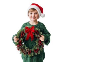 Smiling Child with Santa Hat and Christmas Wreath