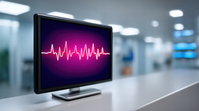 AI diagnostics in cardiology shown on monitor with heart rhythm waveform in modern medical office environment