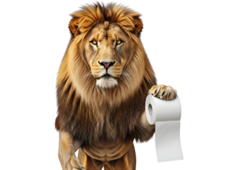 Majestic Lion Holding Toilet Paper Roll - Funny Animal PNG with Transparent Background