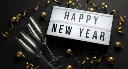 Illuminated lightbox displaying happy new year message with champagne flutes and gold decoration on dark background