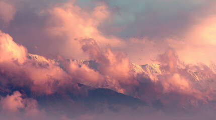 Mountains and layered clouds at sunrise with golden sunlight