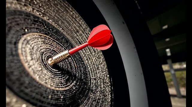 Red dart striking the center of a textured target board with sharp precision, creating a dramatic focused scene of accuracy and perfect aim in motion