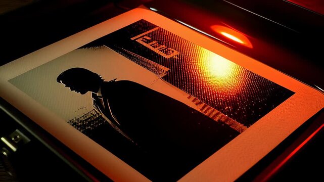Analog photo developing in chemical liquid inside a darkroom tray under red safety light, revealing a mystery silhouette for investigative concepts