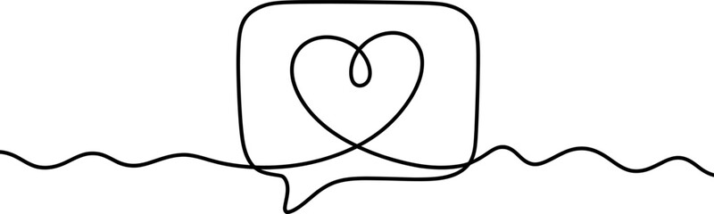 One line drawing of speech bubble with heart icon, a continuous wavy line flowing horizontally, representing love message, social connection, and digital communication concept. Vector, illustration
