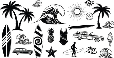 Black and white collection of summer beach vacation icons and illustrations surf © Ambia Art