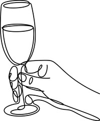 Minimalist continuous line art drawing depicting an elegant hand gracefully holding a classic champagne flute filled with a bubbly beverage, perfect for celebration. Vector, illustration