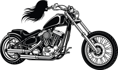 Black silhouette of a woman with long flowing hair riding a custom chopper motorcycle © Ambia Art
