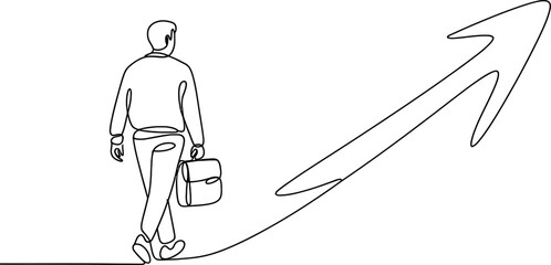 Continuous line art of a businessman with a briefcase walking on a path turning into an upward arrow, symbolizing progress, growth, and ambition. Vector, illustration