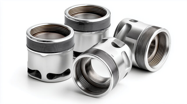 Engine pistons isolated, white background separation, closeup detail view, internal combustion components, mechanical part display, automotive replacement elements, industrial prod